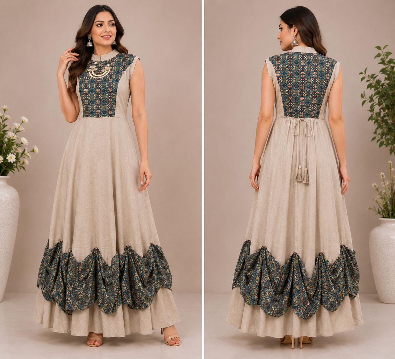 Beige Designer Ethnic Gown for Women | Stylish Printed Flared Dress