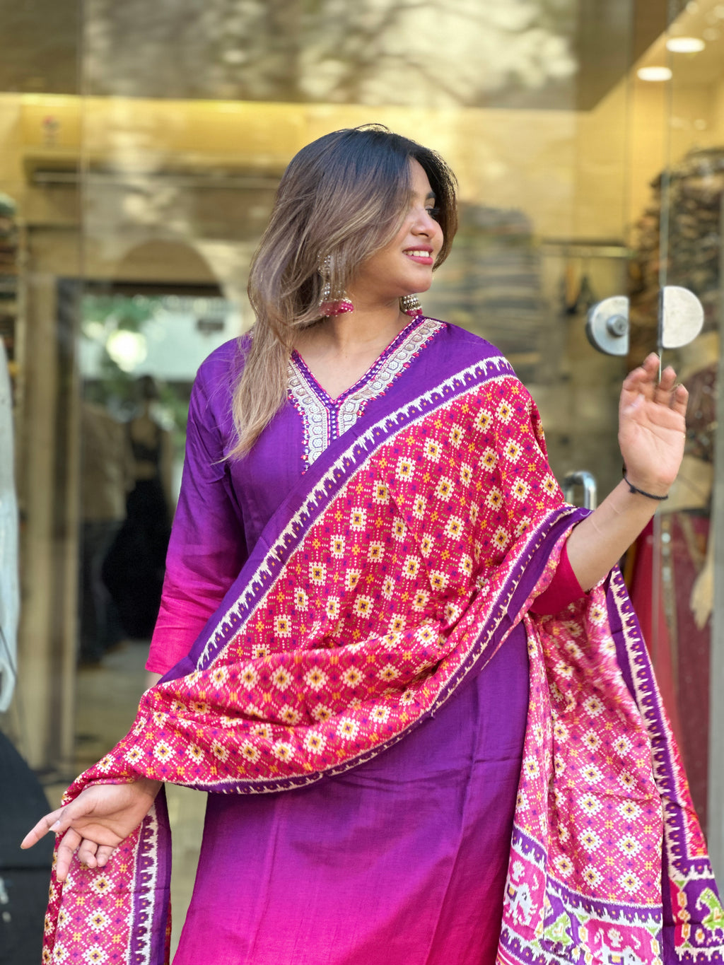 Purple Ombre Kurta Set with Bandhani Dupatta