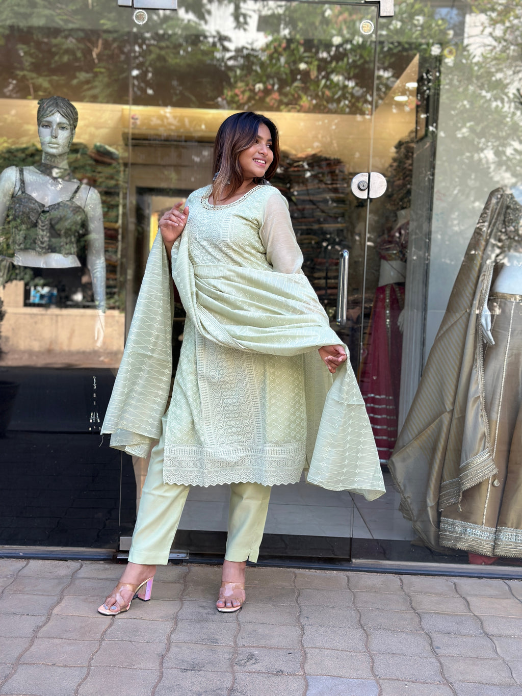 Pastel Green Embroidered Kurta Set with Dupatta