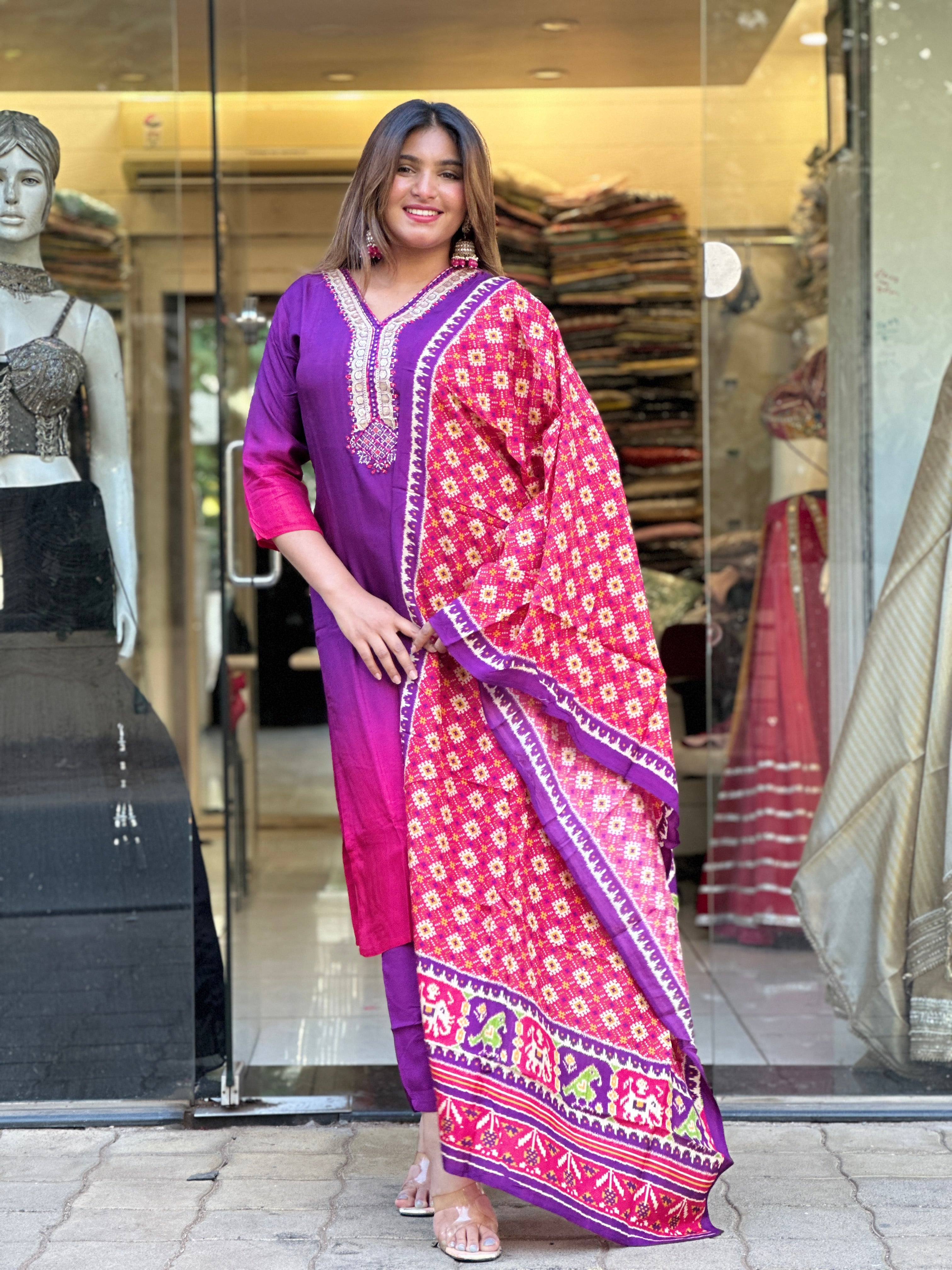 Purple Ombre Kurta Set with Bandhani Dupatta