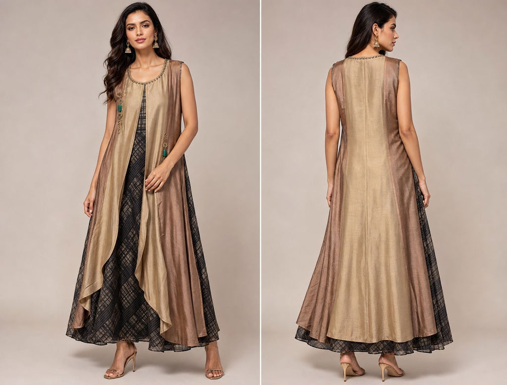 Gold Indo Western Designer Gown for Women | Layered Party Wear Dress