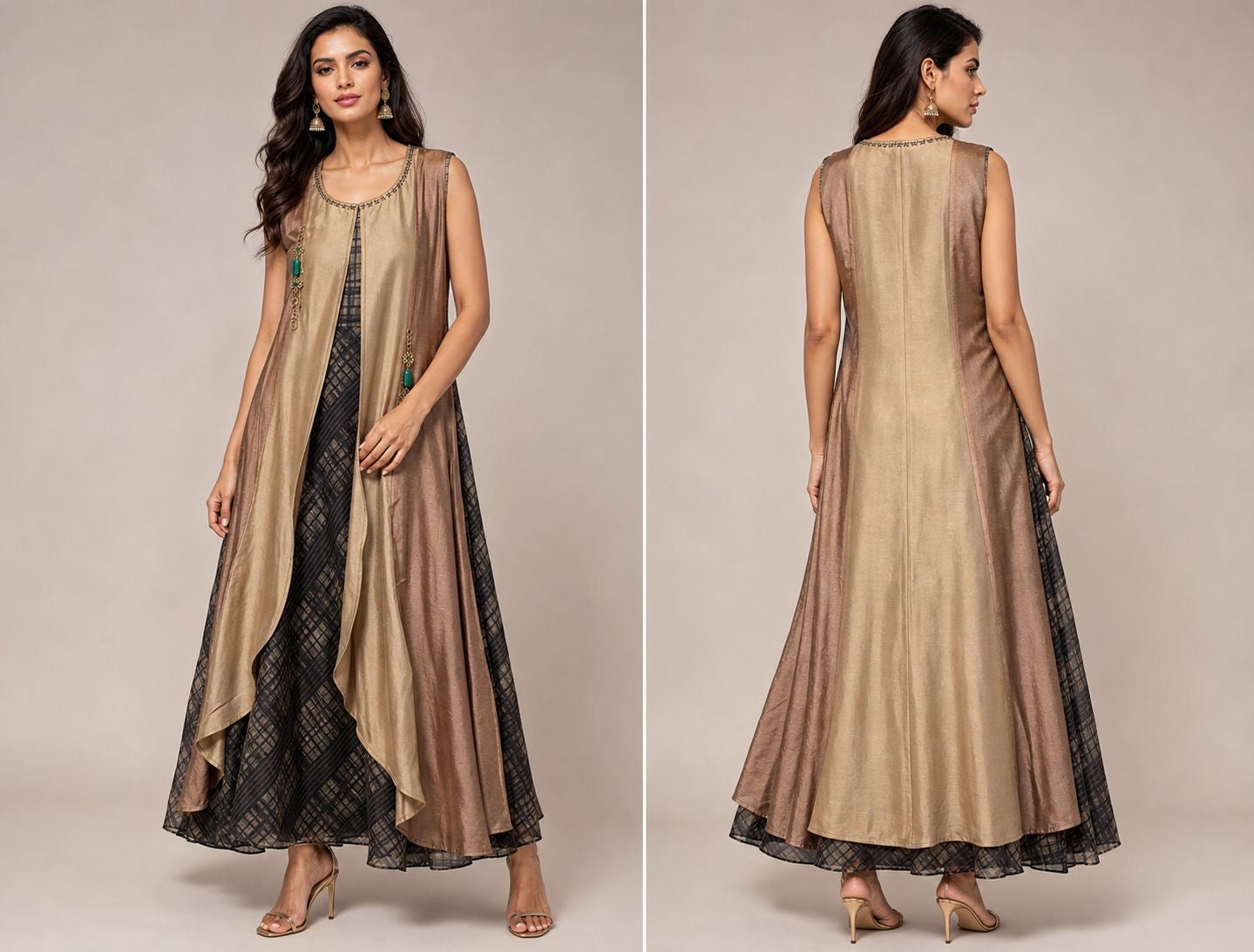 Gold Indo Western Designer Gown for Women | Layered Party Wear Dress