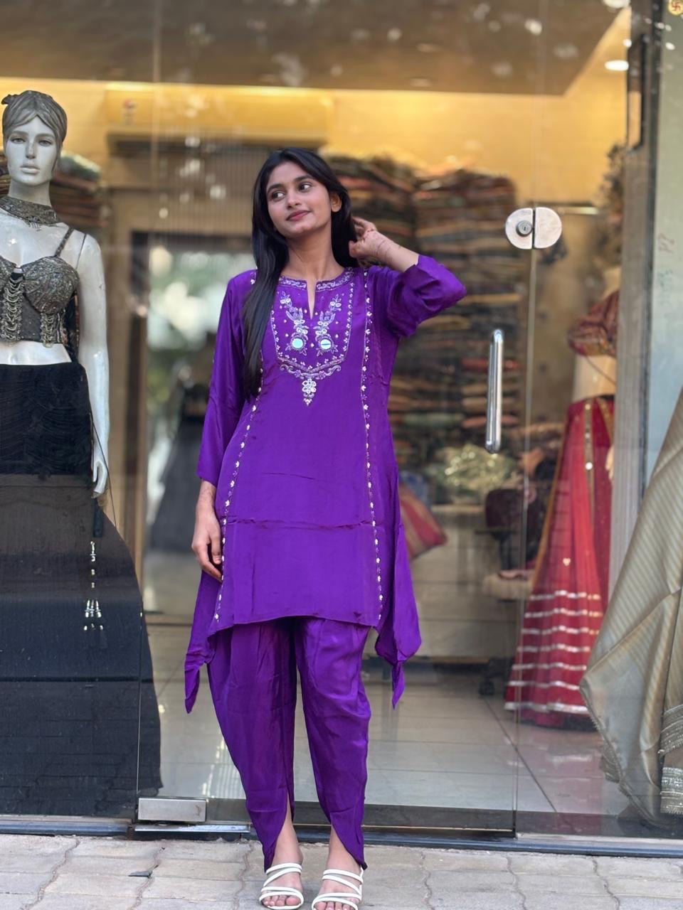 Royal Purple Embroidered Kurti Set for Women | Stylish Ethnic Co-Ord Outfit