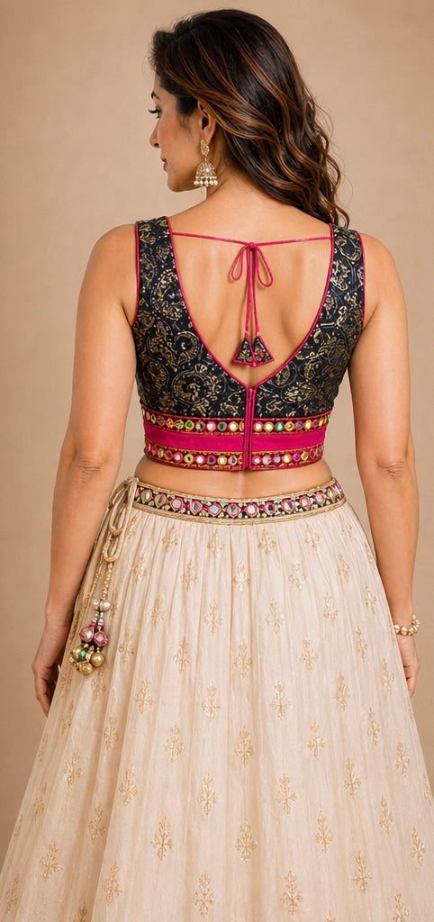 Pure cotton ikkat with designer kutchiwork in back