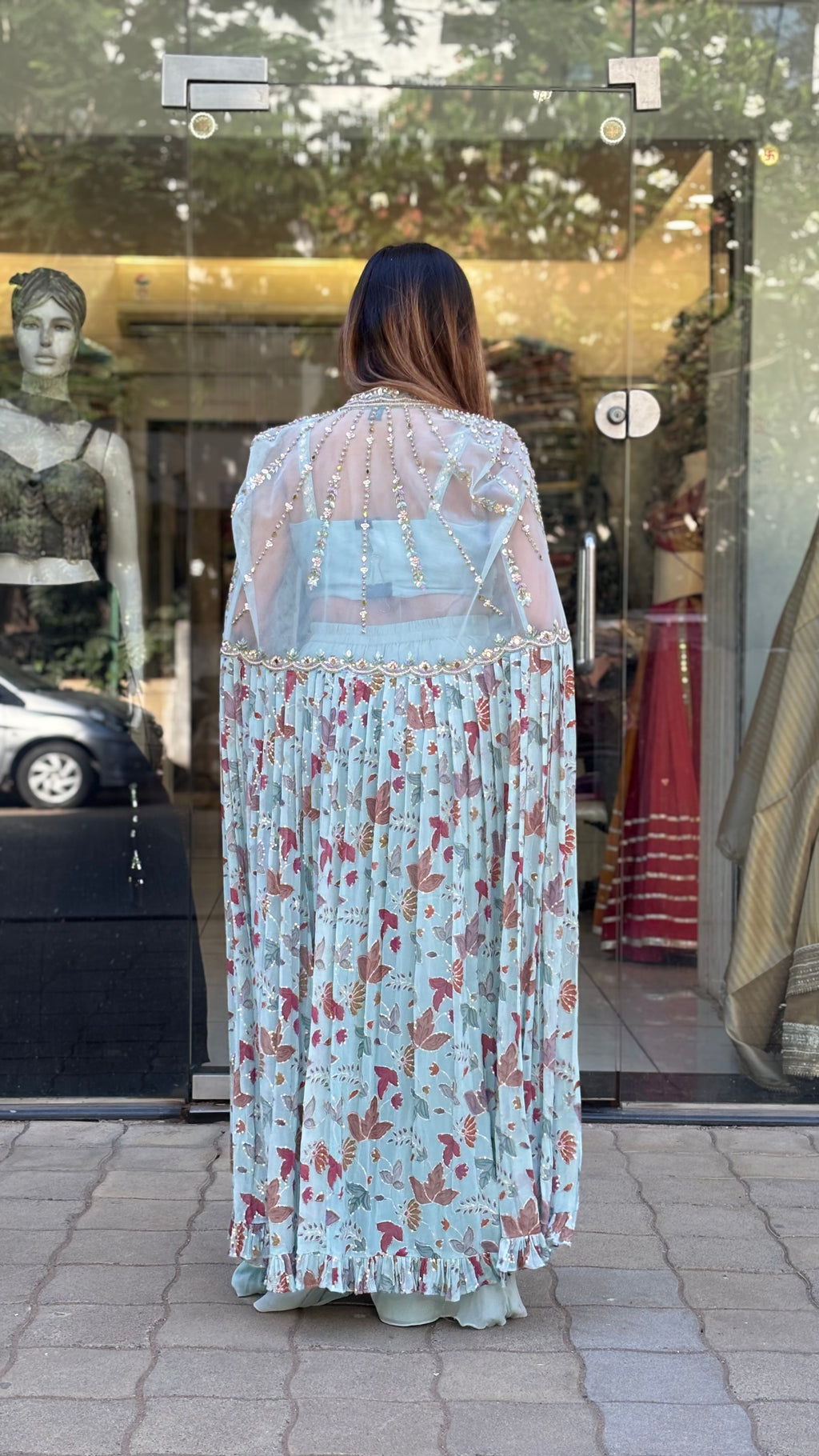 Pastel Blue Indo-Western Cape Set with Embellished Crop Top & Palazzo Pants
