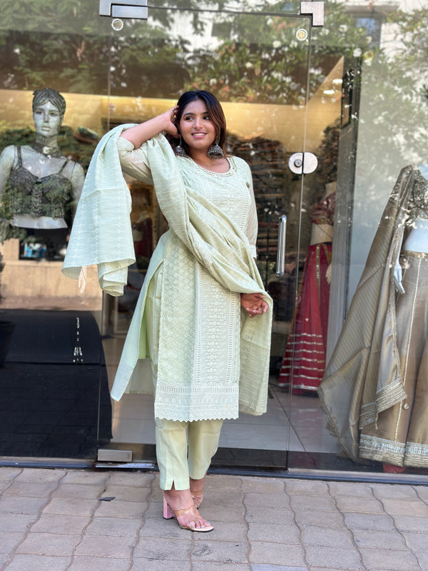 Pastel Green Embroidered Kurta Set with Dupatta
