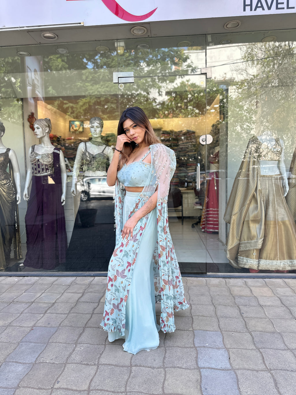 Pastel Blue Indo-Western Cape Set with Embellished Crop Top & Palazzo Pants