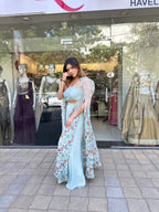 Pastel Blue Indo-Western Cape Set with Embellished Crop Top & Palazzo Pants