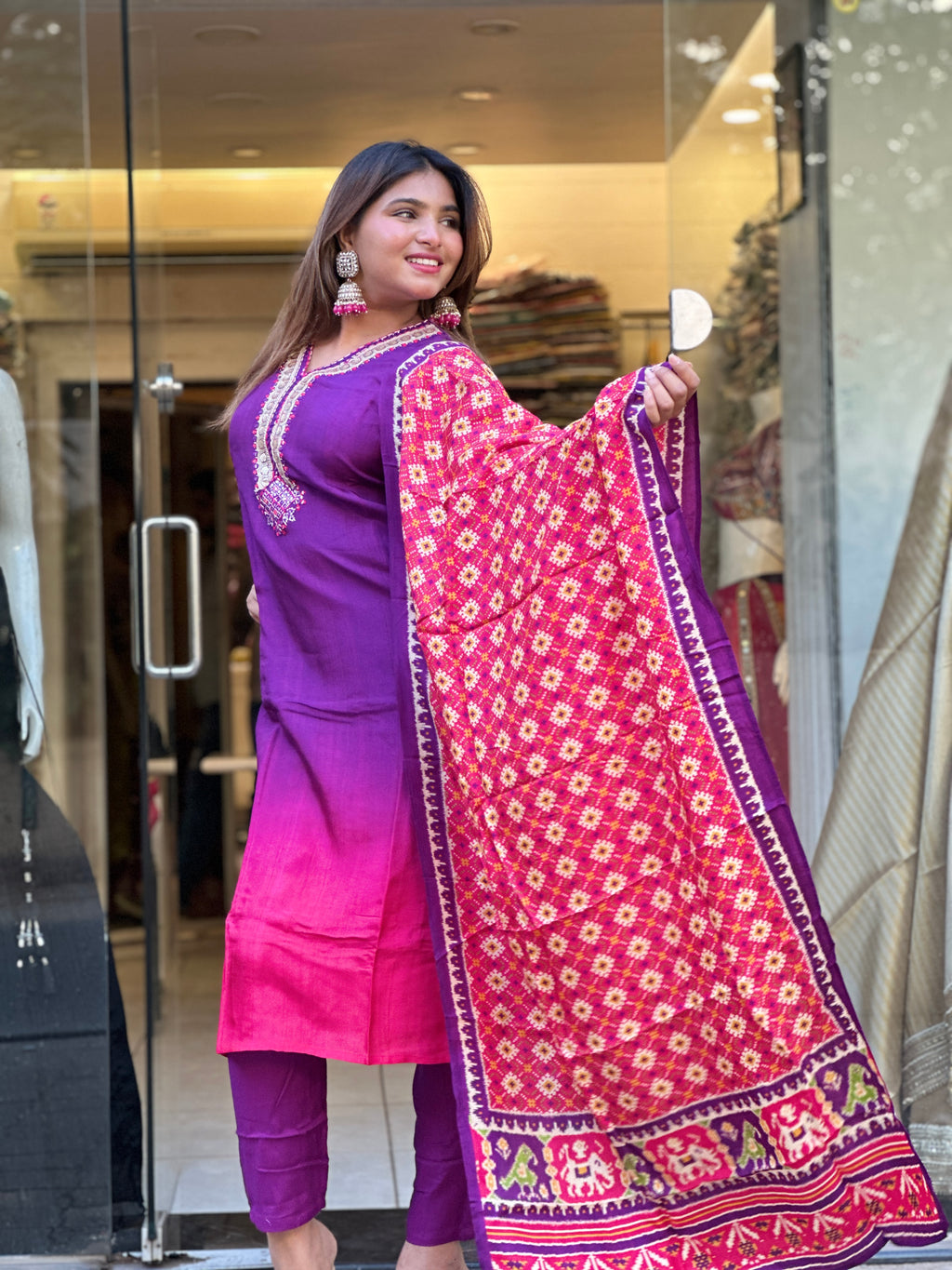 Purple Ombre Kurta Set with Bandhani Dupatta