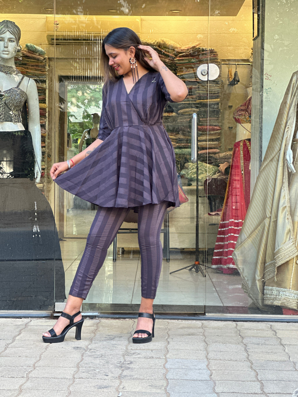 Dark Purple Indo-Western Co-Ord Set with Peplum Top & Pants