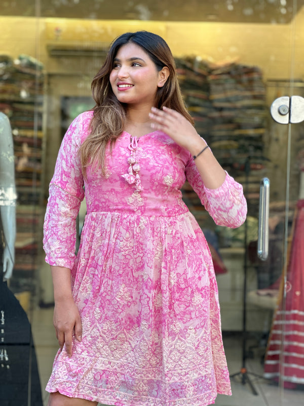 Pink Printed Indo-Western Flared Dress