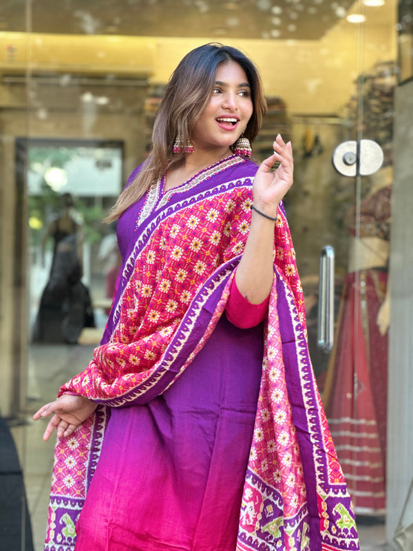 Purple Ombre Kurta Set with Bandhani Dupatta