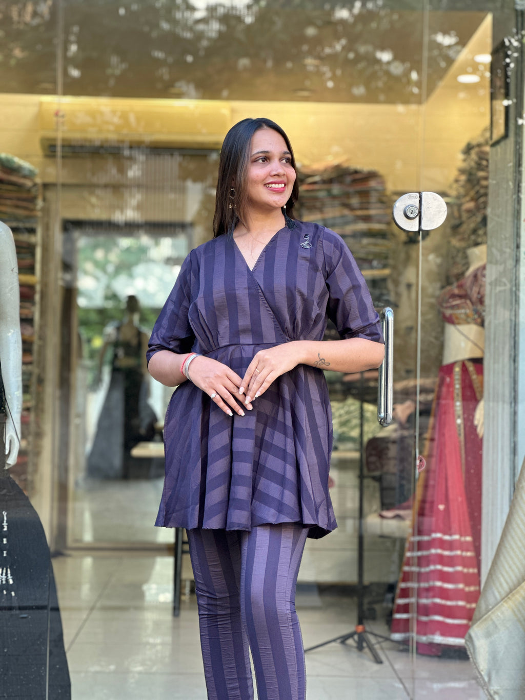 Dark Purple Indo-Western Co-Ord Set with Peplum Top & Pants