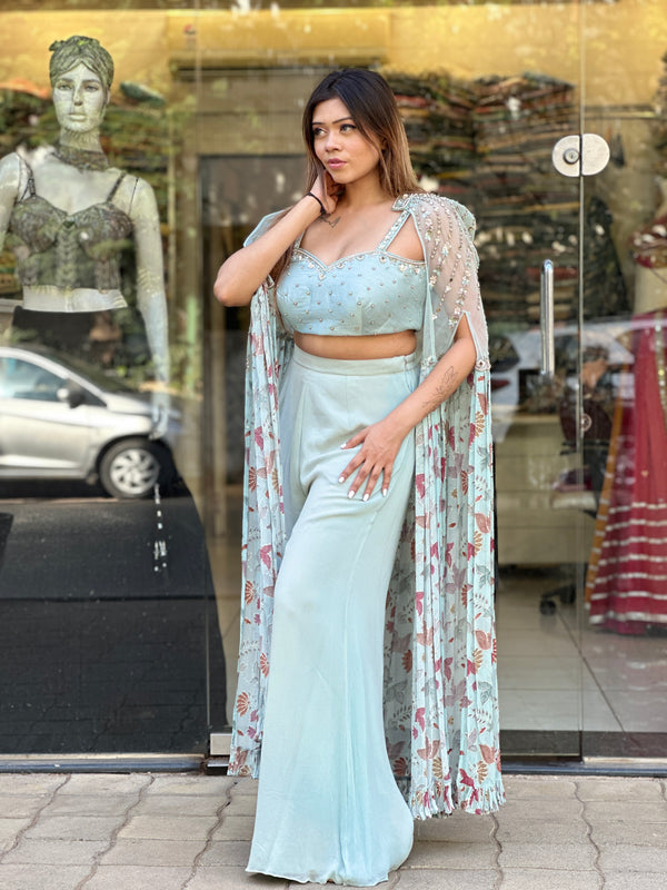 Pastel Blue Indo-Western Cape Set with Embellished Crop Top & Palazzo Pants
