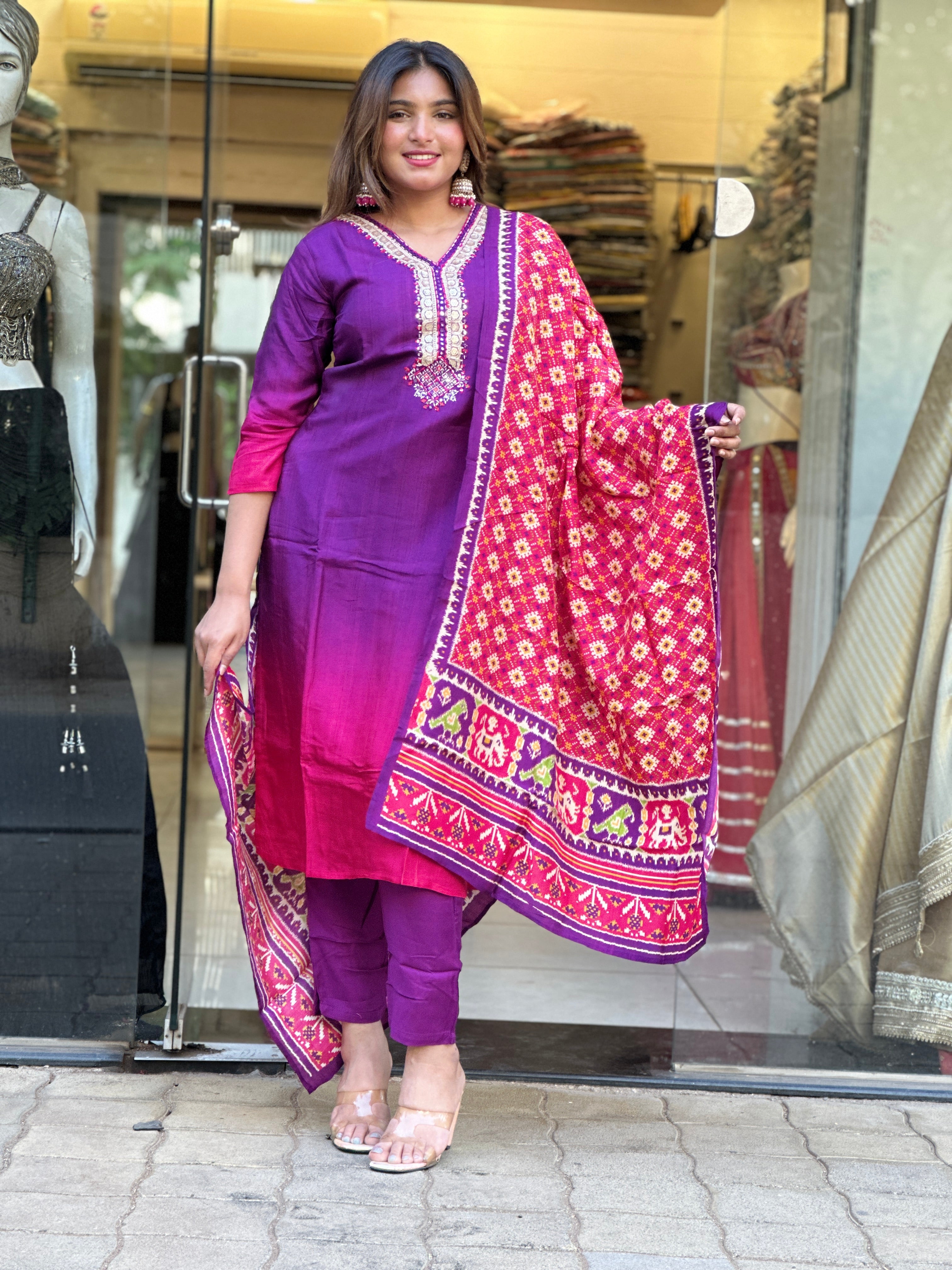 Purple Ombre Kurta Set with Bandhani Dupatta