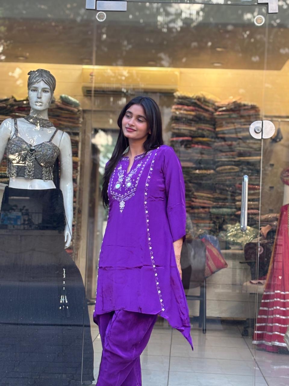 Royal Purple Embroidered Kurti Set for Women | Stylish Ethnic Co-Ord Outfit