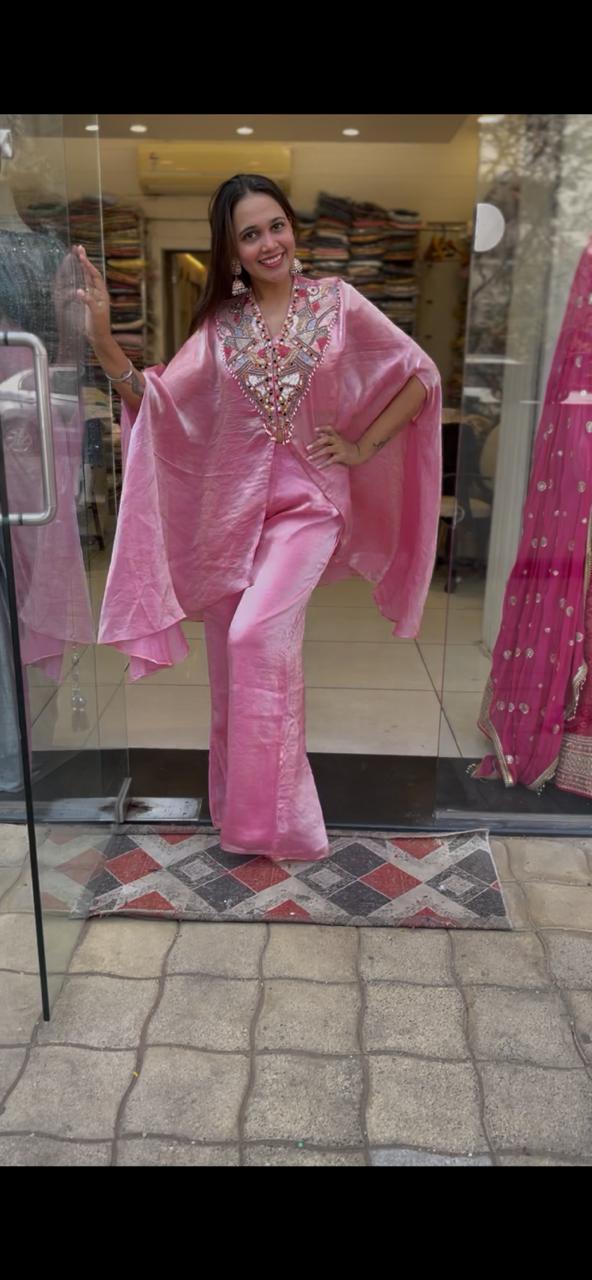 Satin Glass silk 

Kaftan style with plazzo