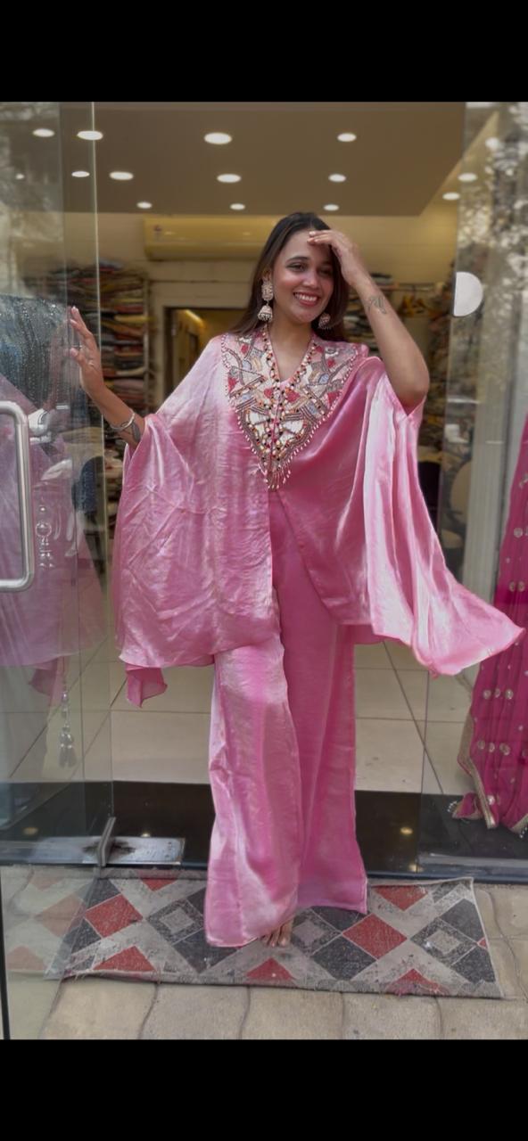 Satin Glass silk 

Kaftan style with plazzo