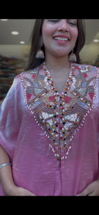 Satin Glass silk 

Kaftan style with plazzo